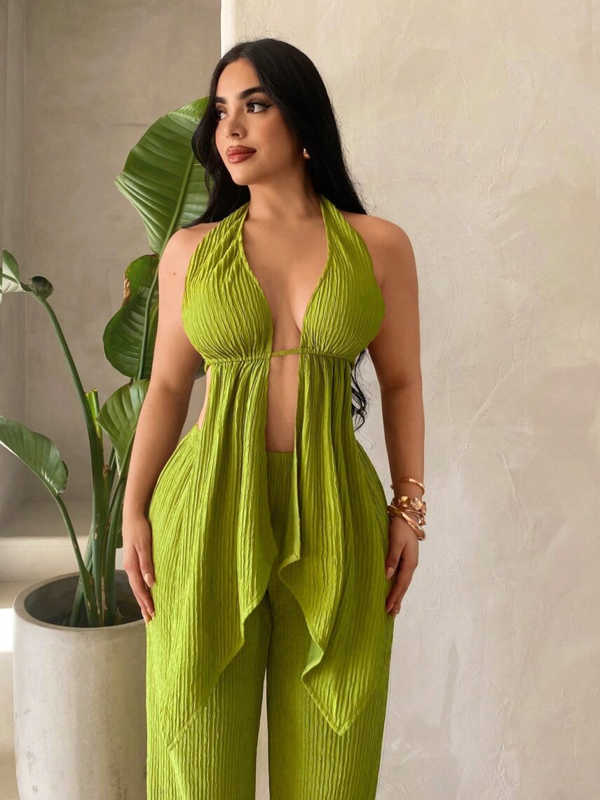 Plus Size Solid Halter Top with Ruffle Trim and Wide Leg Pants Casual 2-Piece Set