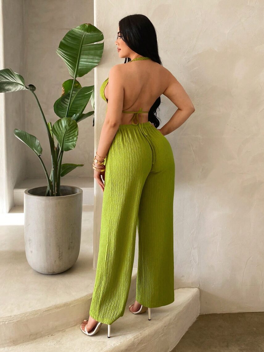 Plus Size Solid Halter Top with Ruffle Trim and Wide Leg Pants Casual 2-Piece Set