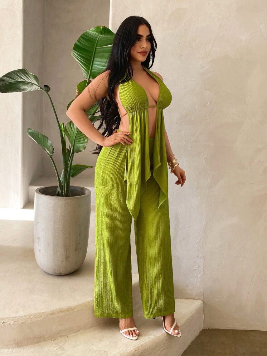 Plus Size Solid Halter Top with Ruffle Trim and Wide Leg Pants Casual 2-Piece Set