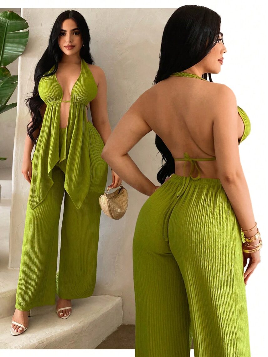 Plus Size Solid Halter Top with Ruffle Trim and Wide Leg Pants Casual 2-Piece Set