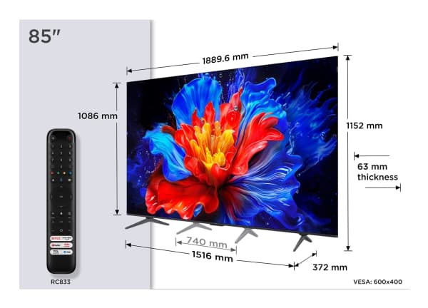 TCL 85P8K - 85" Diagonal class (84.5" viewable) - P8K Series LED-backlit LCD TV - QLED - Smart TV - Google TV - 4K UHD (2160p) 3840 x 2160 - ...